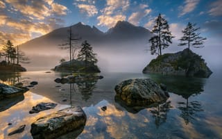 Картинка лес, камни, озеро, туман, горы, отражение