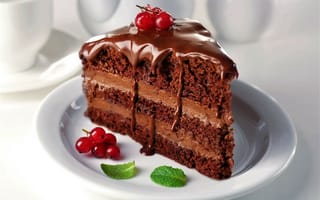 Картинка торт, мята, красная смородина, тарелка, шоколадный торт