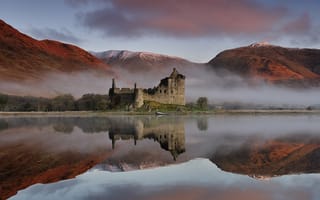 Картинка шотландия, замок килхурн, горы, отражение
