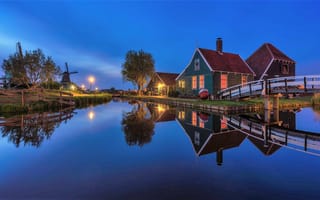 Картинка отражение, вечер, нидерланды, огни, зандам, ветряная мельница, канал