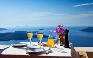 Картинка море, небо, ресторан, вино, кафе, санторини, вид, греция