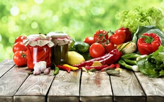 Картинка овощи, перец, помидор, банка, еда, зелень
