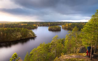 Картинка лес, камни, коувола, река, облака, национальный парк реповеси, финляндия