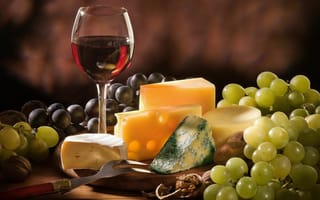 Картинка бокал, вилка, виноград, еда, бокал вина, сыр, натюрморт, вино