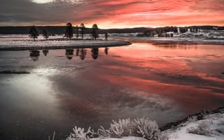 Картинка закат, отражение, река, снег, зима