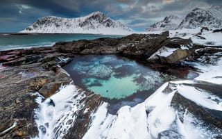 Картинка море, исландия, снег, горы, вода, скалы, водоем