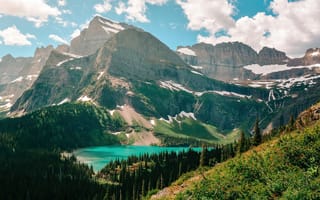 Картинка лес, озеро гриннелл, монтана, национальный парк глейшер, сша, горы, озеро, ландшафт, небо