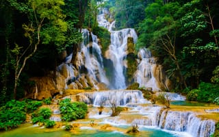 Картинка водопад, kuang si falls, luang prabang, лес, tat kuang si waterfalls, лаос