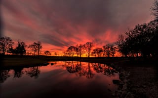 Картинка закат, отражение, озеро, деревья, природа, красное небо