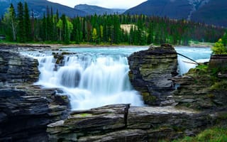 Картинка водопад, лес, канада, национальный парк джаспер, природа, скалы