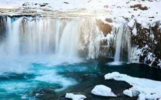 Картинка водопад, снег, зима, природа, godafoss, исландия