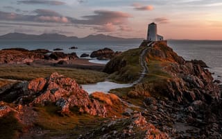 Картинка море, маяк, побережье, уэльс, llanddwyn island, природа, скалы, небо