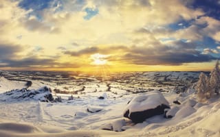 Картинка снег, зима, облака, природа, солнце, ландшафт, небо