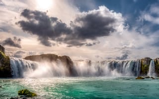 Картинка водопад, солнце, небо, исландия, природа, облака