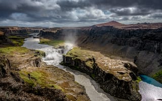Картинка водопад, река, ландшафт, природа, каньон, исландия, небо, облака