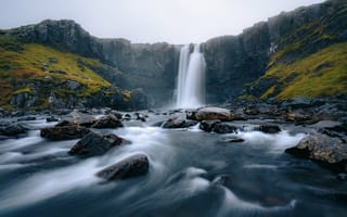 Обои водопад, туман, исландия, природа, селйяландсфосс