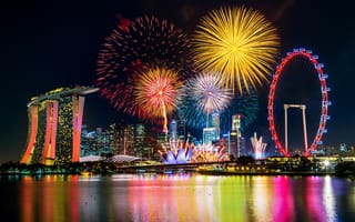 Картинка море, отражение, сингапур, город, огни, фейерверк, ночь, небоскребы