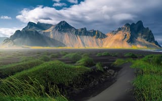 Картинка трава, горы, ландшафт, исландия, облака, небо, 