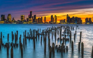 Картинка закат, море, океан, город, old pier, сша, нью-йорк, небо
