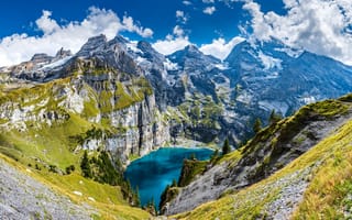 Картинка горы, облака, горное озеро, небо, эшинен-зе, швейцария