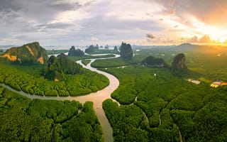 Картинка лес, река, восход, таиланд, phang nga bay, andaman sea, скалы, небо, mangrove, горы, облака