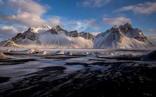 Картинка снег, зима, ландшафт, облака, небо, горы, исландия, vestrahorn