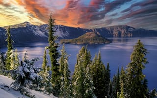 Картинка лес, снег, озеро, сша, горы, природа, орегон