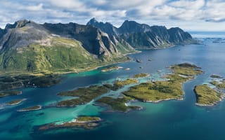 Картинка море, горы, побережье, лофотенские острова, небо, остров, облака, норвегия