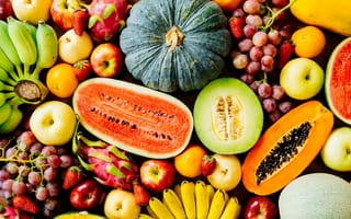 Картинка клубника, яблоко, виноград, тыква, фрукты, еда, банан, дыня, арбуз, натюрморт