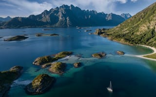 Картинка море, горы, парусник, побережье, ландшафт, норвегия