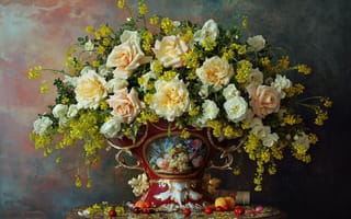 Картинка фрукт, цветы, букет, натюрморт, роза, ваза
