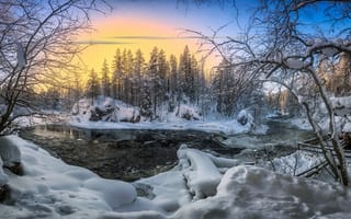 Картинка лес, снег, небо, река, природа, восход, финляндия, зима
