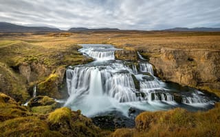 Картинка водопад, облака, небо, исландия, природа