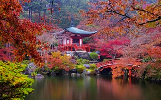 Картинка осень, деревья, камни, япония, озеро, сад, здания, мост