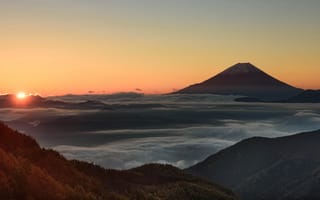 Картинка закат, гора Фудзи, вулкан, вечер, горизонт