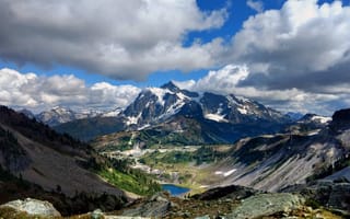Картинка Альпийский, вид, высокий, горная местность, горный пик, горы, долина, зима, камни, на открытом воздухе, небо, облака, облачность, облачный, окружающая среда, пейзаж, природа, простуда, скалы, снег