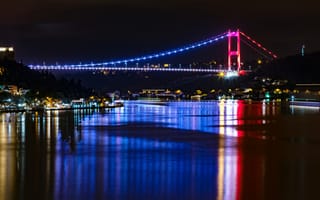 Картинка мост, ночь, отражение, вантовый мост, вода