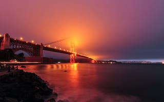 Картинка мост Golden Gate, море, горизонт, мост, закат
