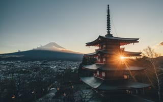 Картинка гора Фудзи, гора, архитектура, пагода, облако