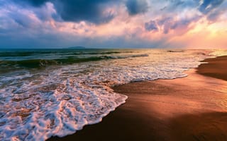 Картинка закат, пляж, море, водоем, волна