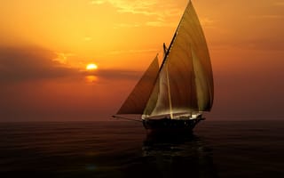 Картинка закат, корабль, парусник, парусная шлюпка, мореплавание
