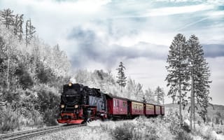 Картинка поезд, железнодорожный транспорт, паровоз, зима, железнодорожный вокзал