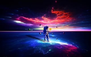 Картинка астронавт, космическое пространство, свет, горизонт, пурпур