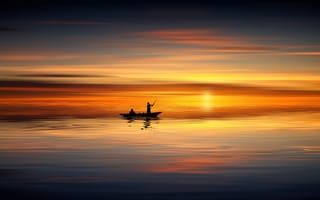 Картинка лодка, закат, парусная шлюпка, горизонт, восход солнца