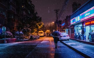 Картинка ночь, снег, синий, городской район, свет