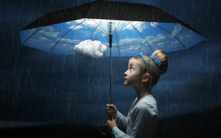 Обои арт, зонтик, синий, облако, дождь