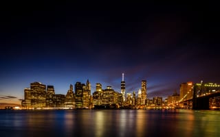 Картинка Бруклинский мост, ночь, город, городской пейзаж, линия горизонта