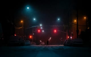 Картинка улица, ночь, снег, уличный фонарь, освещение
