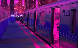 Картинка Train Neon Synthwave Buildings 5k