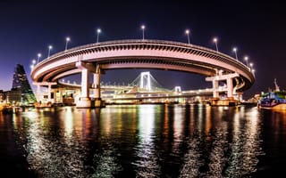 Обои Радужный мост, ночь, мост, отражение, ориентир